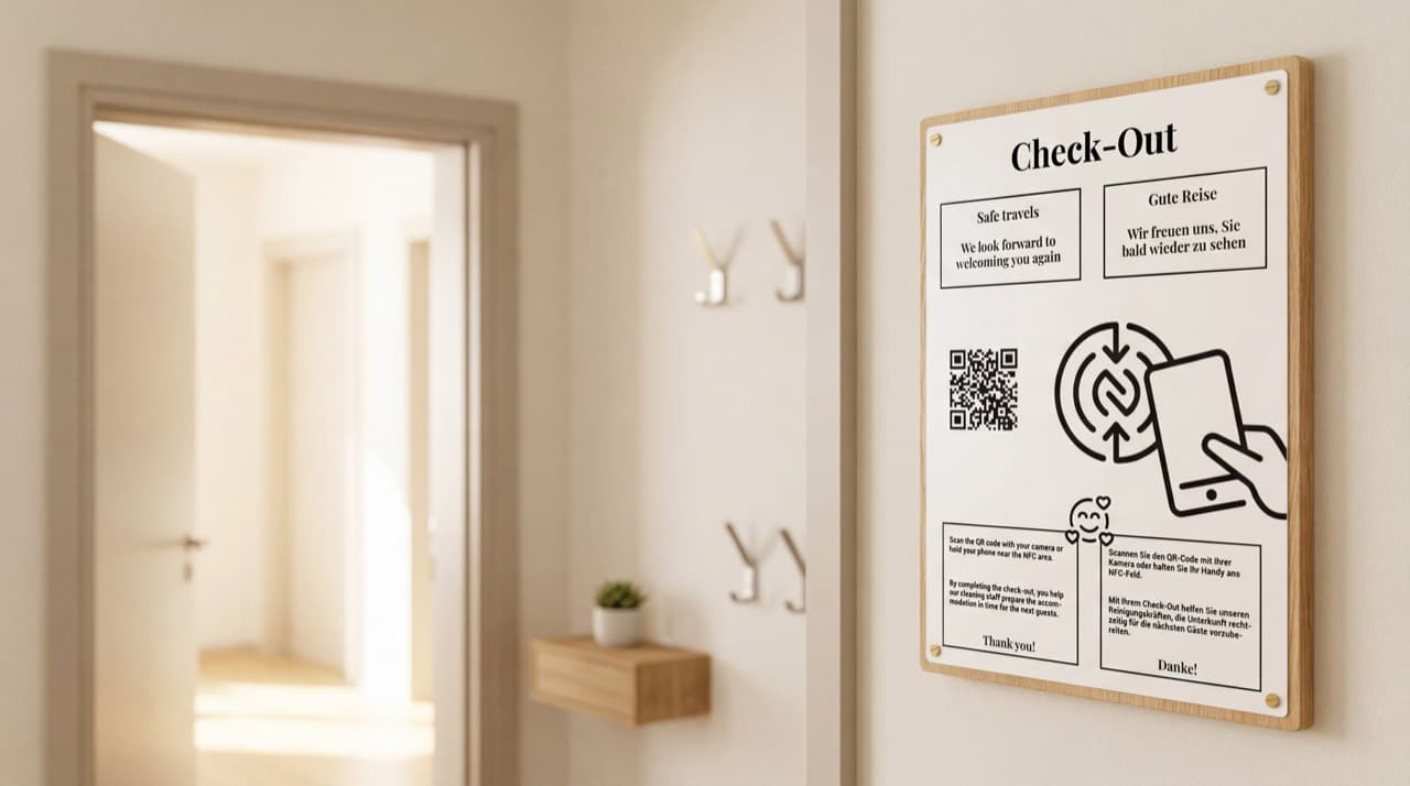 Cartello di check-out CheckYout su legno trattato