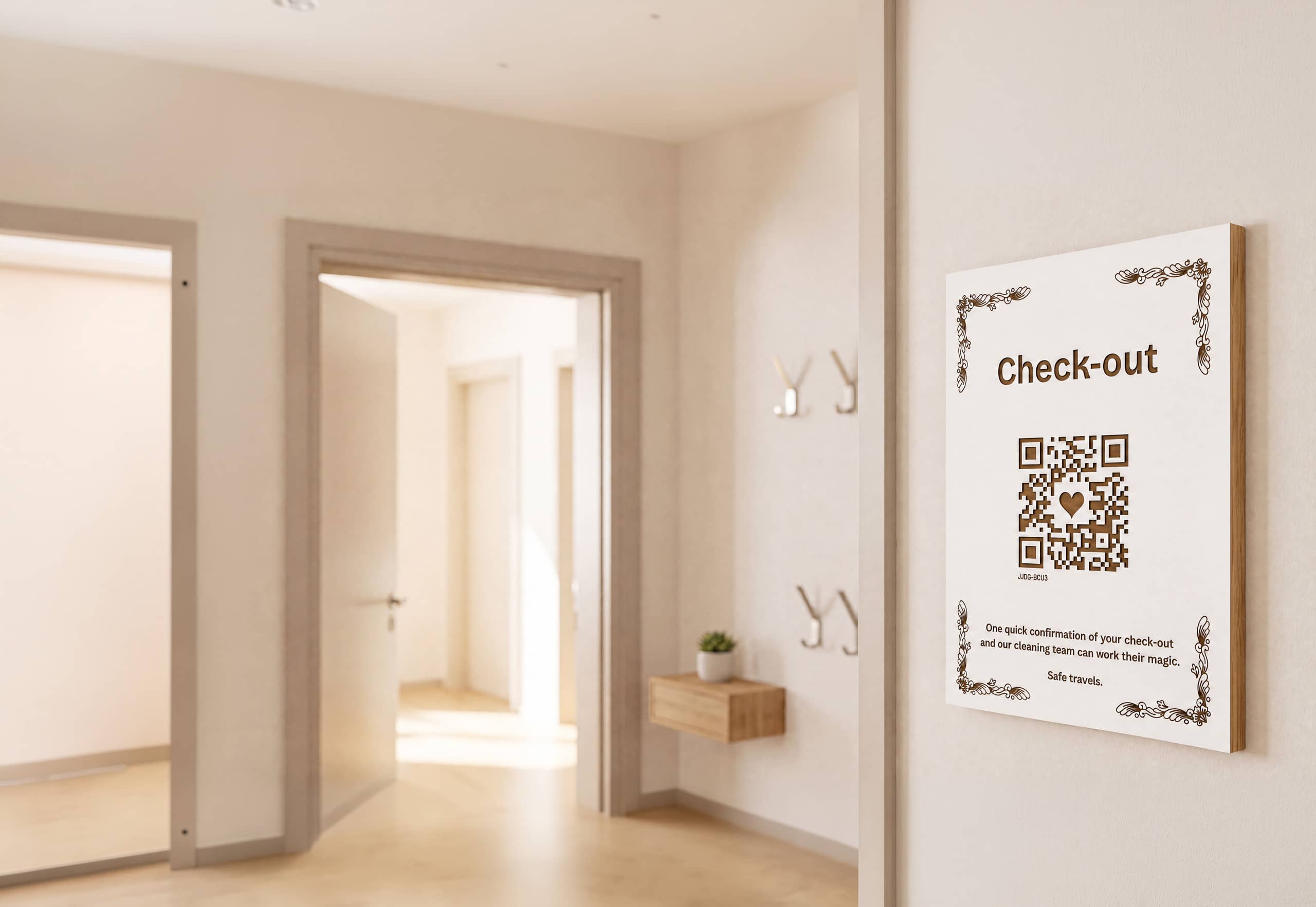 Cartello di check-out CheckYout su legno trattato