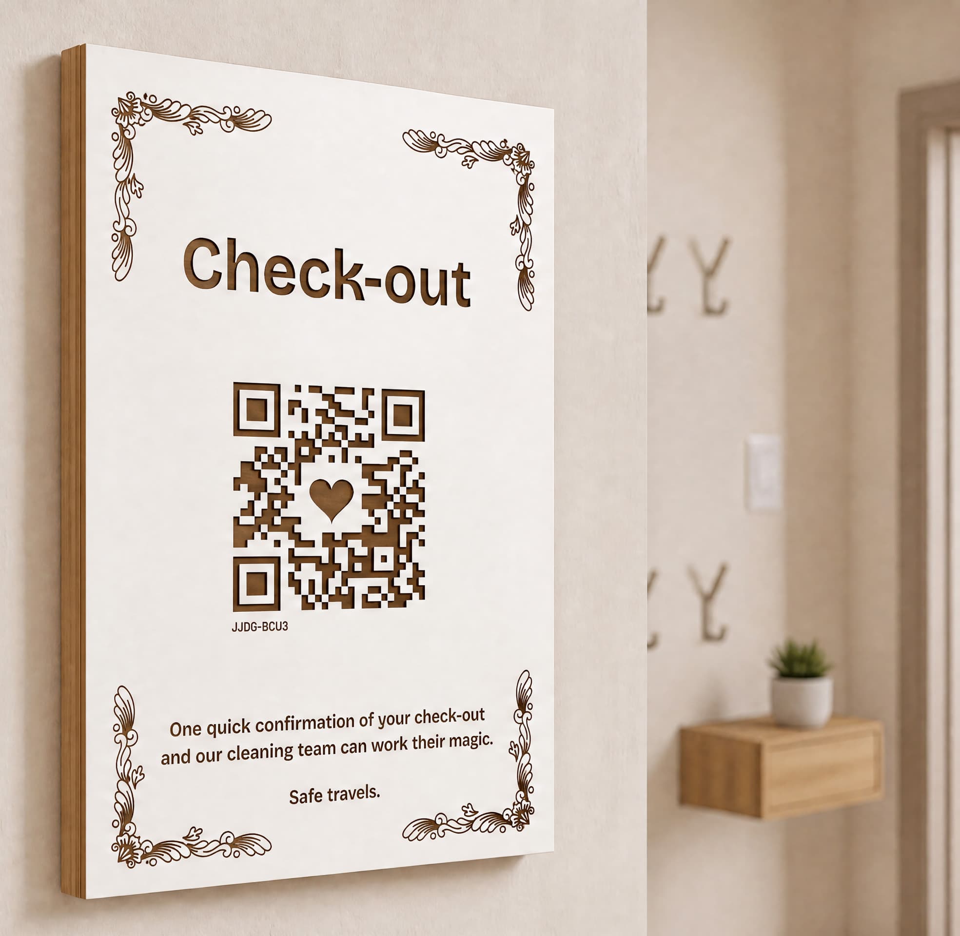 Cartello di check-out CheckYout su legno trattato