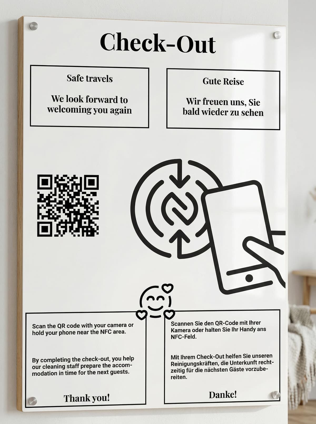 CheckYout Check-out Schild auf beschichtetem Holz