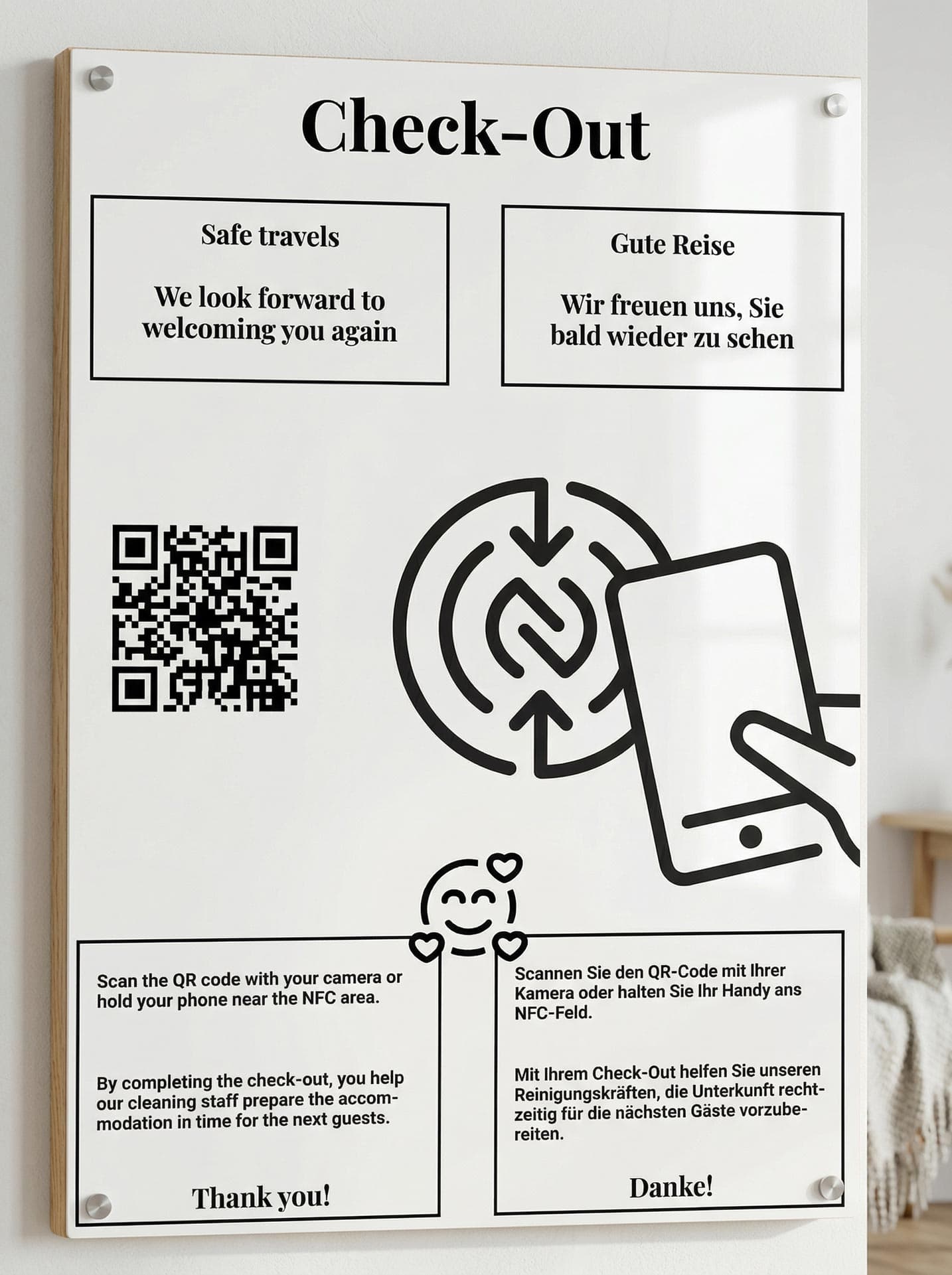 CheckYout Check-out Schild auf beschichtetem Holz